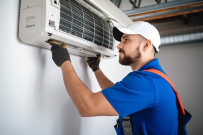 HVAC technician installing a mini split air conditioner in Perris