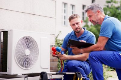 HVAC technicians installing an outdoor air conditioning unit in Perris